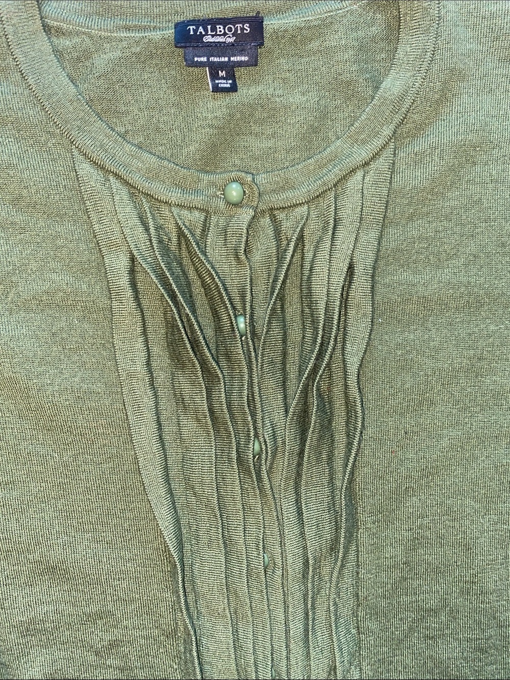 Talbots Pure Merino Italian Wool Olive Green Ruffle-Front Cardigan - Picture 3 of 4